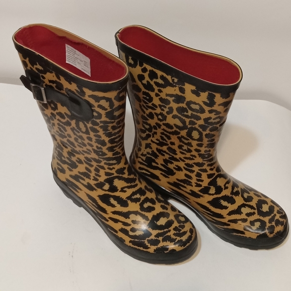 Rubber Boots Ankle Leopard Print Adjustable Buckles Felt Lining Women Size 6 - Picture 2 of 8